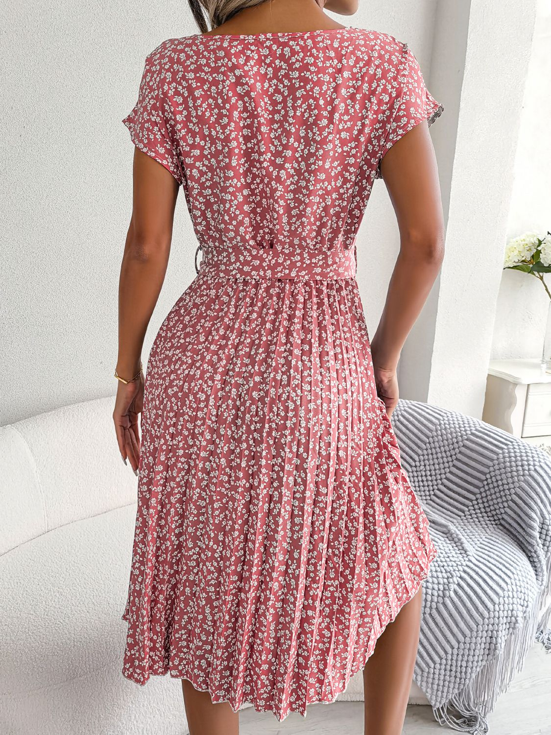 Ditsy floral pleated belted dress in blush pink, gathered waist and skirt pleats