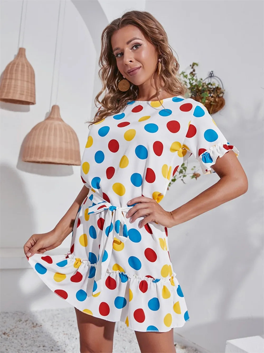 Tied Frill Short Sleeve Mini Dress by Trendsi, white with multicolor polka dots, tied waist.