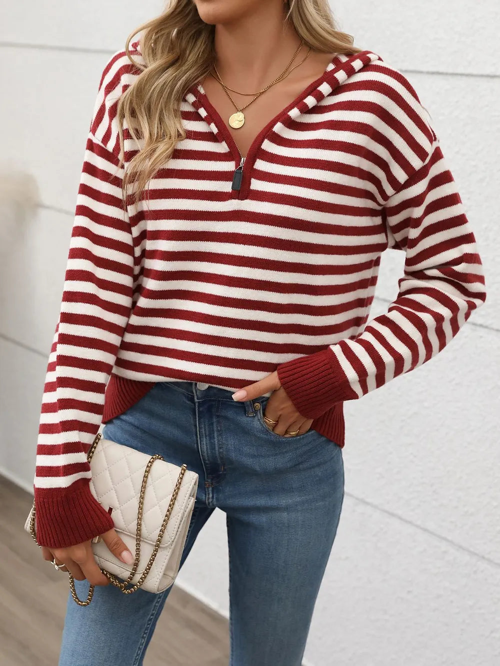 Striped hooded long sleeve sweater in burgundy and white with ribbed cuff details