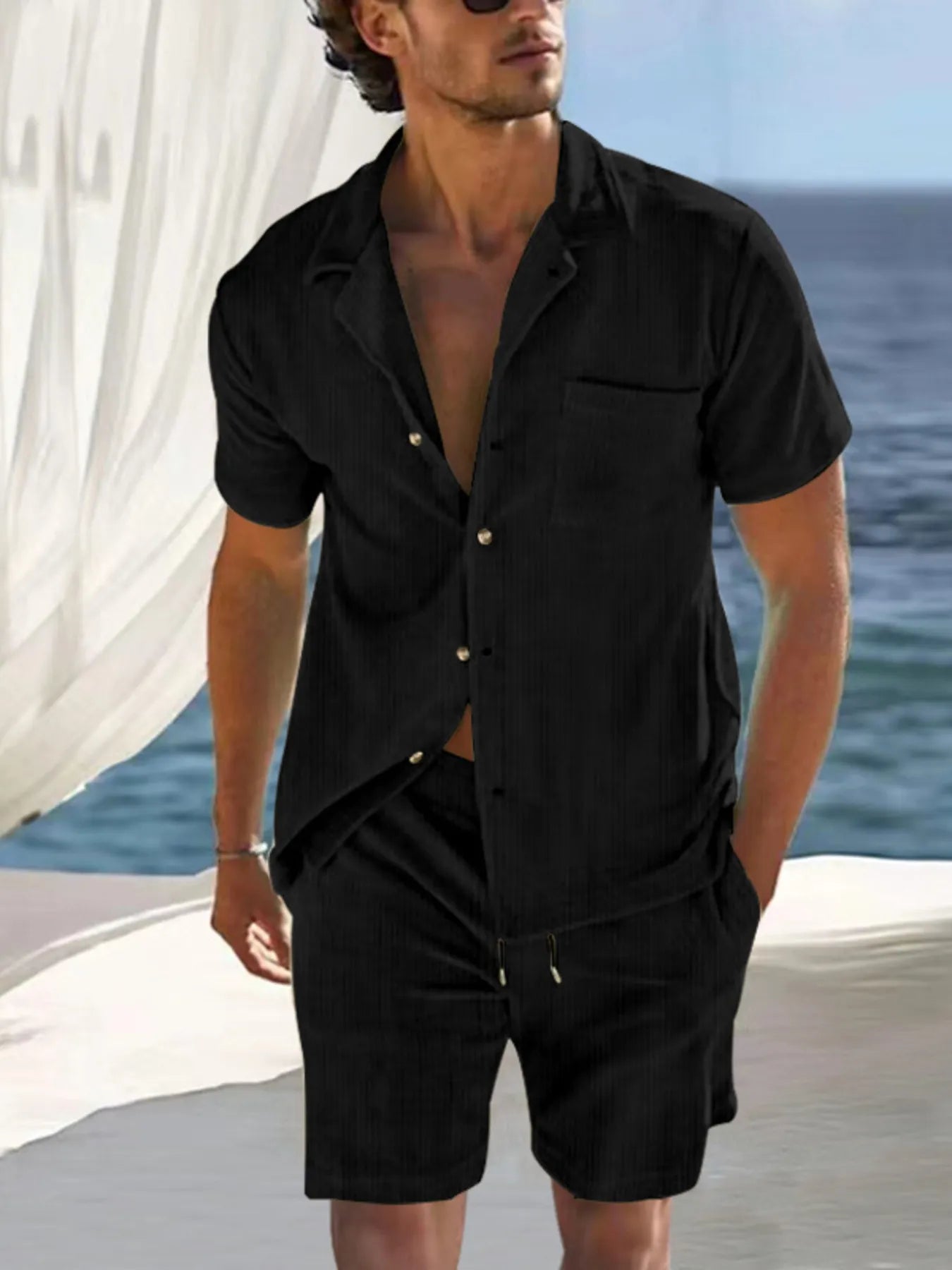 Men's black short-sleeve button-front shirt and shorts set with pockets