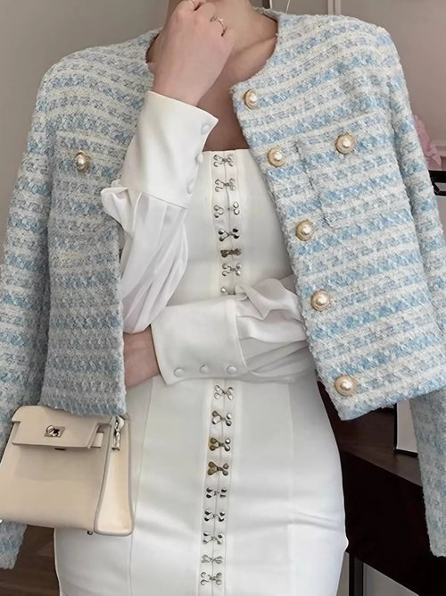 Light blue cropped tweed jacket with button-front and gold-tone buttons, textured stripes