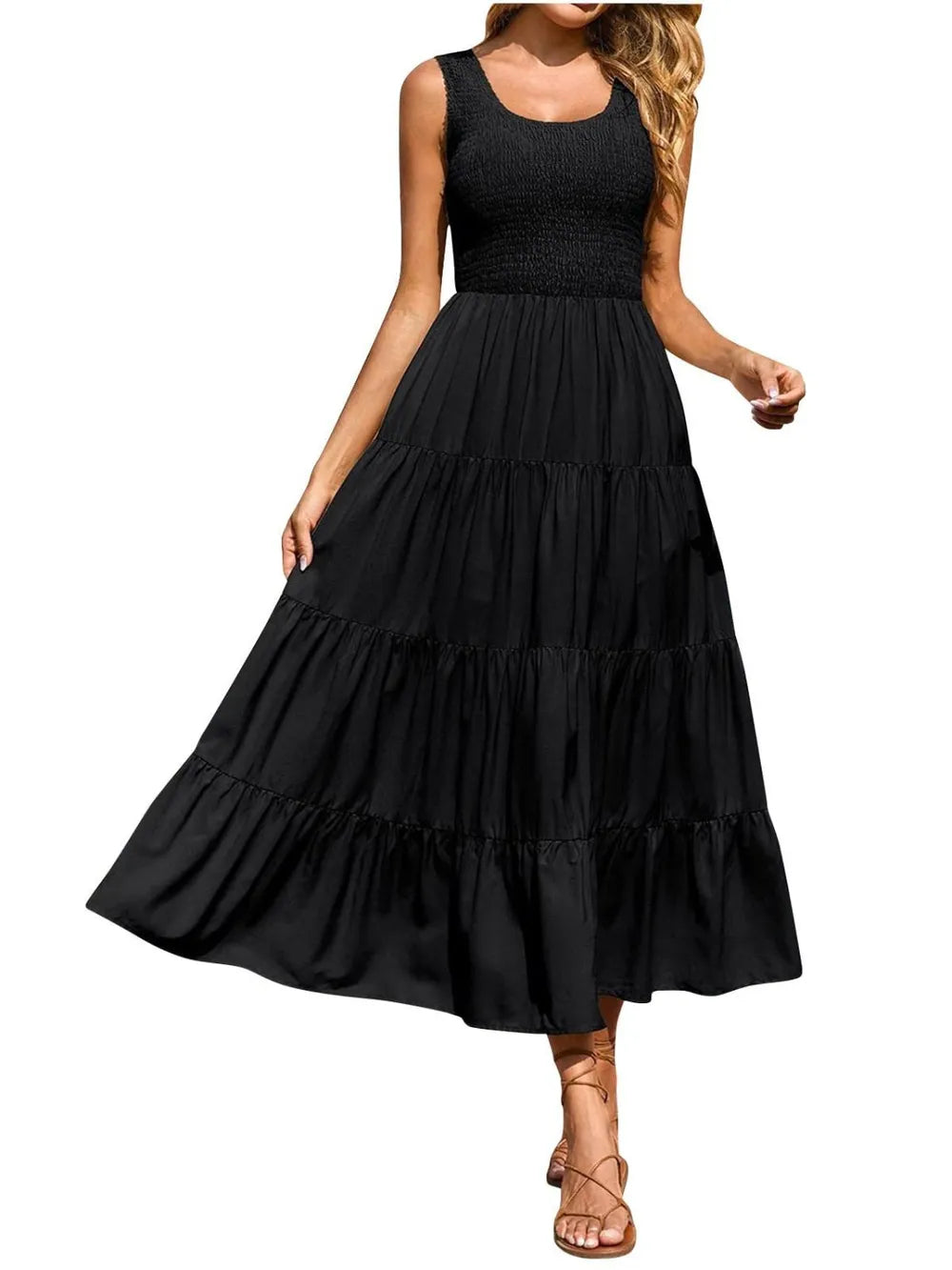 Black tiered smocked wide-strap dress, sleeveless tiered ruffles