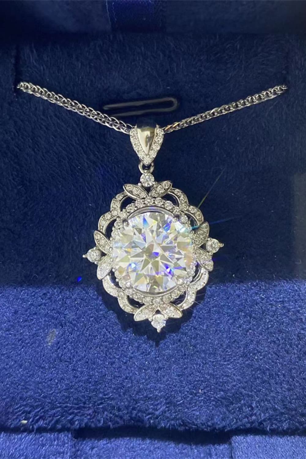 Sterling silver halo moissanite pendant necklace with teardrop bail and chain