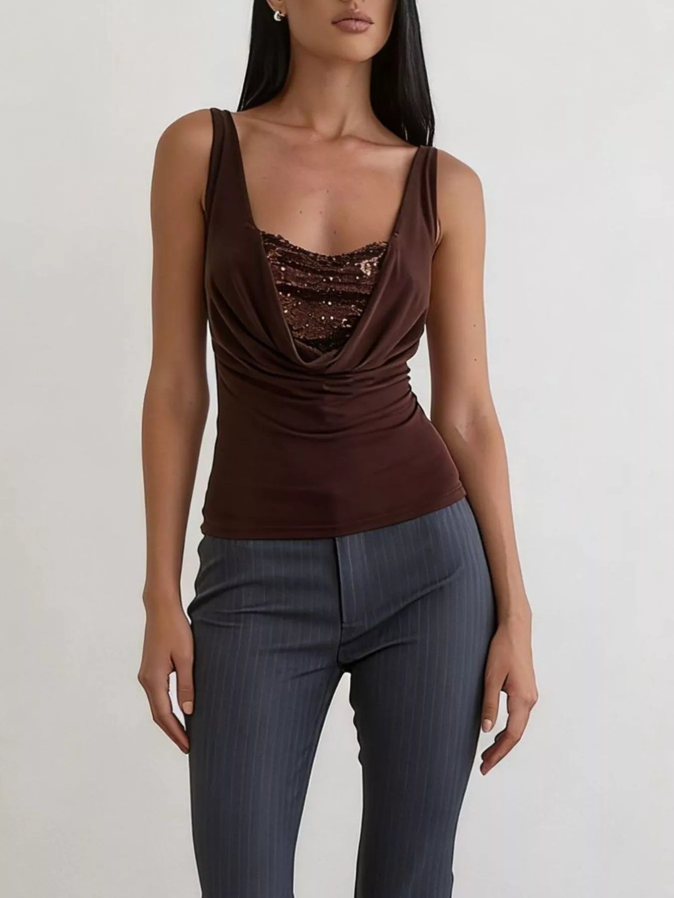 Cedar & Moore Sequin Detail Ruched Tank, chocolate brown with a draped neckline and sequin underlay