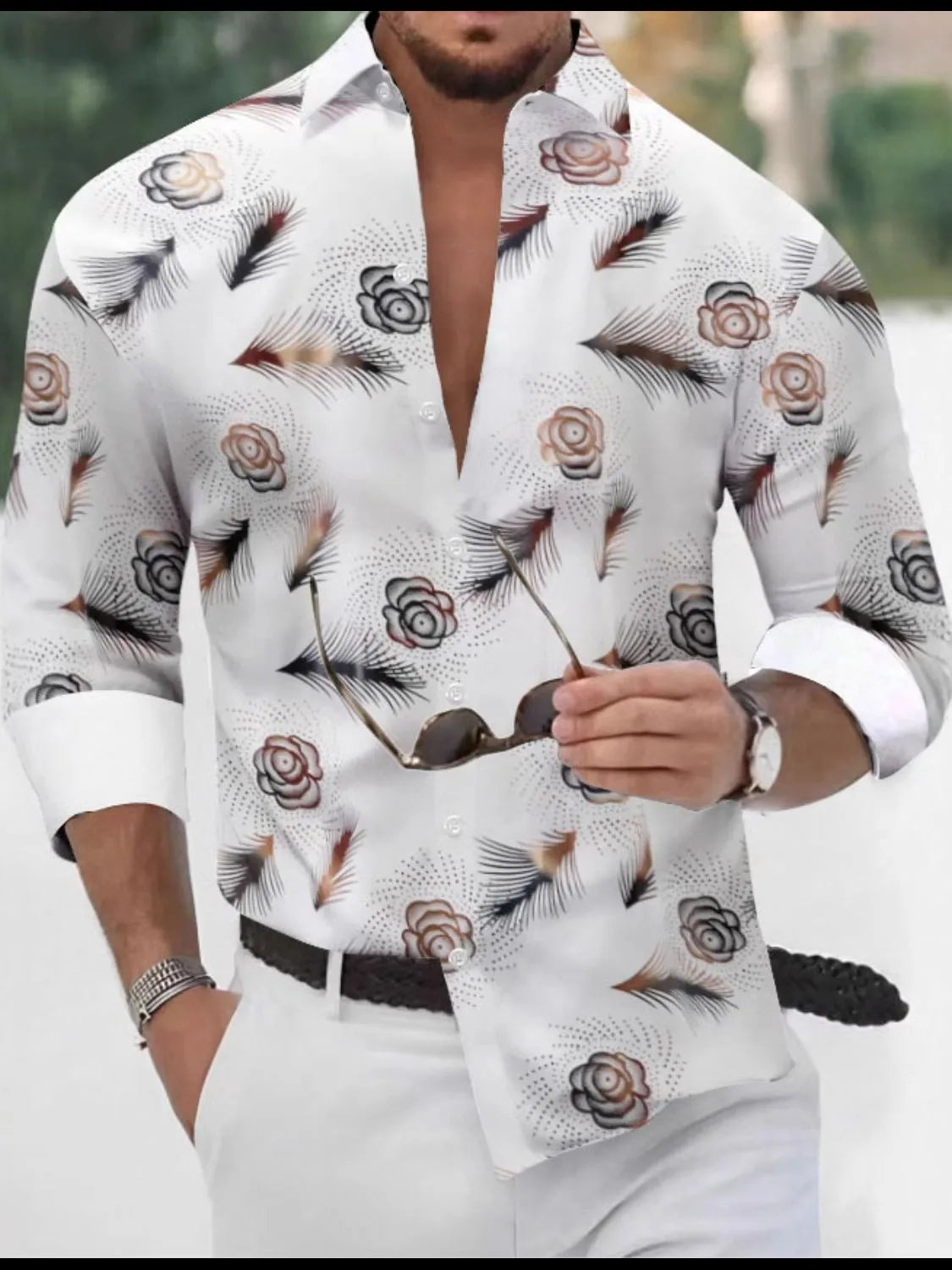 Men's button-up long-sleeve shirt in white with rose and feather print
