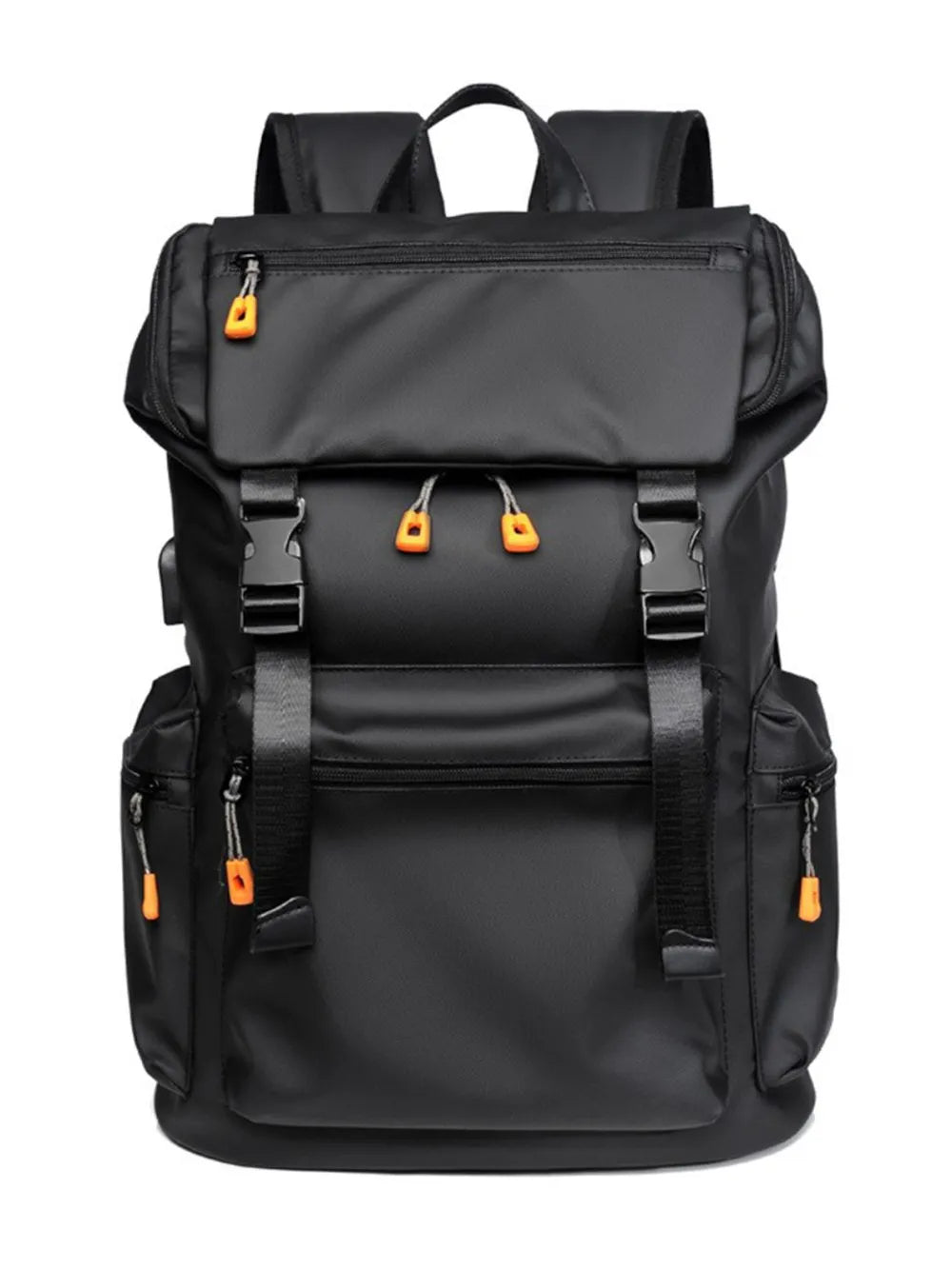 Black oxford cloth multi-pocket backpack with top flap, front buckles, orange accents