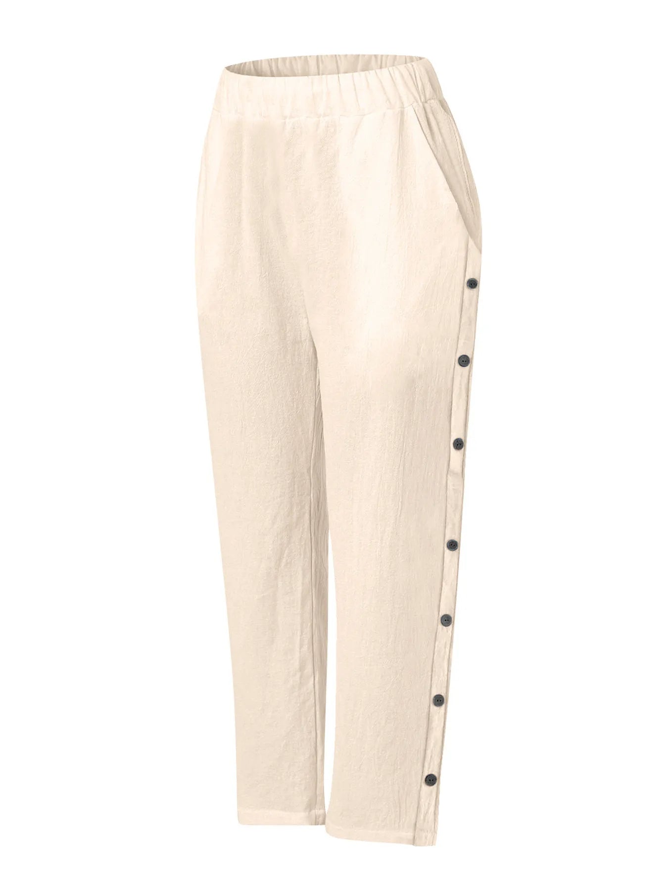 White wide-leg pants with side button placket and elastic waist