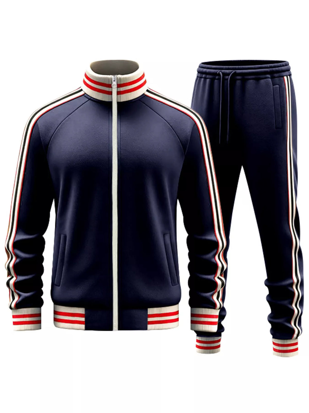 Navy satin-look zip track jacket and striped track pants set on white background