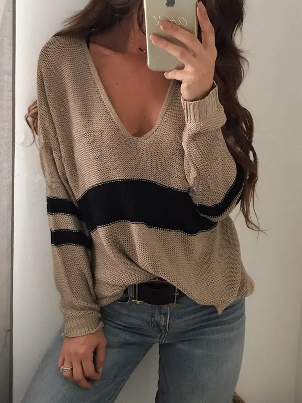 Camel V-neck long-sleeve sweater with dark stripe and ribbed contrast cuffs