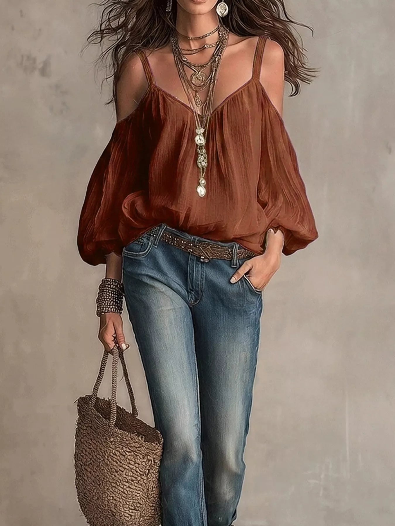 Rust cold-shoulder blouse with balloon sleeves and gathered neckline