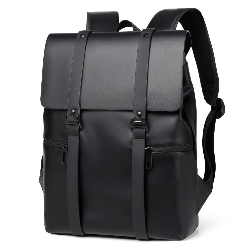 Black PU leather adjustable strap backpack with flap front and buckled straps