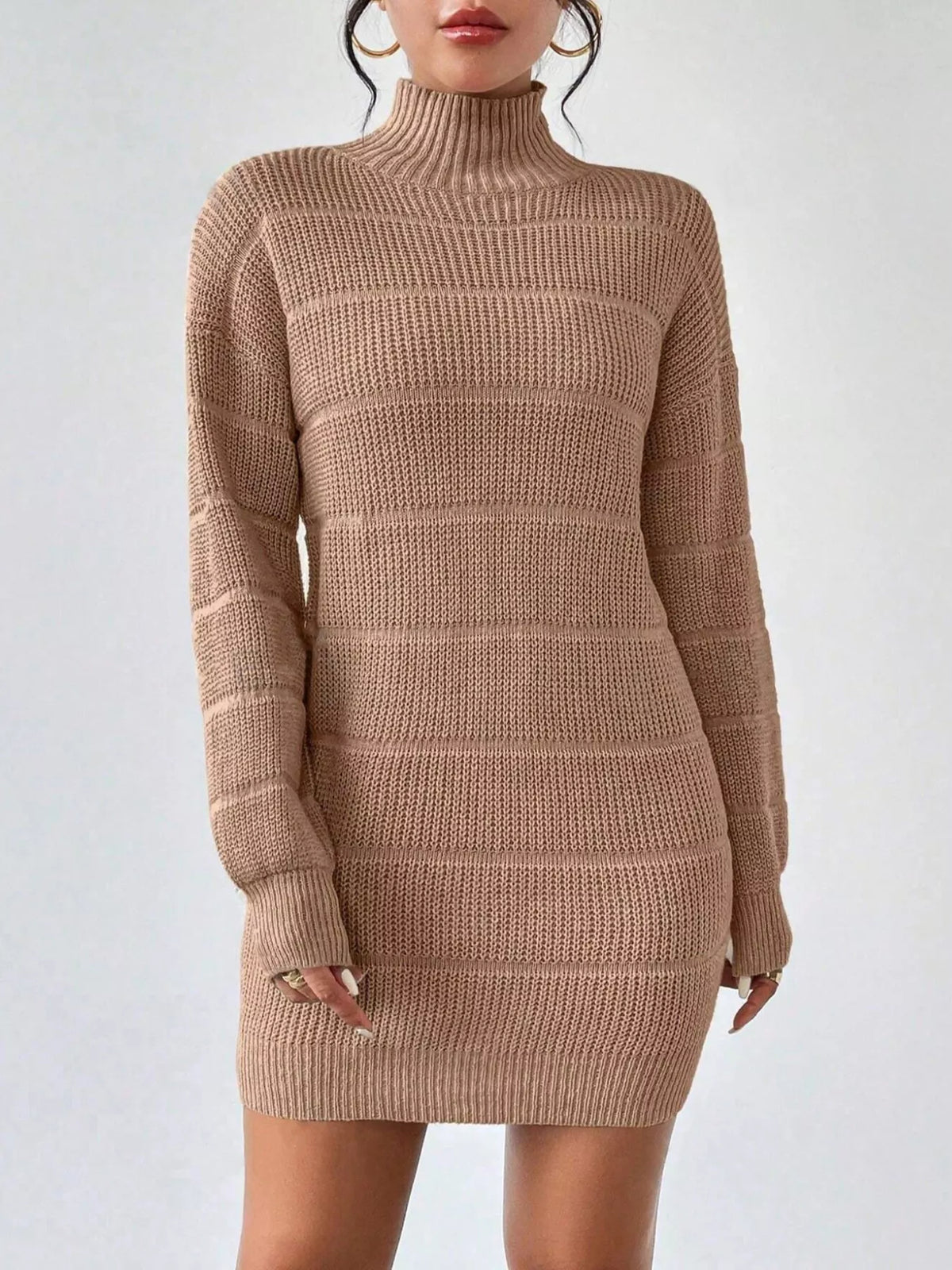 Ribbed turtleneck sweater dress, apricot, long sleeves, striped knit bands