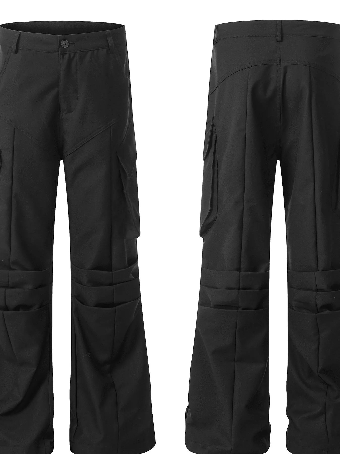 Black cargo pants front view with side cargo pocket and layered pocket flaps
