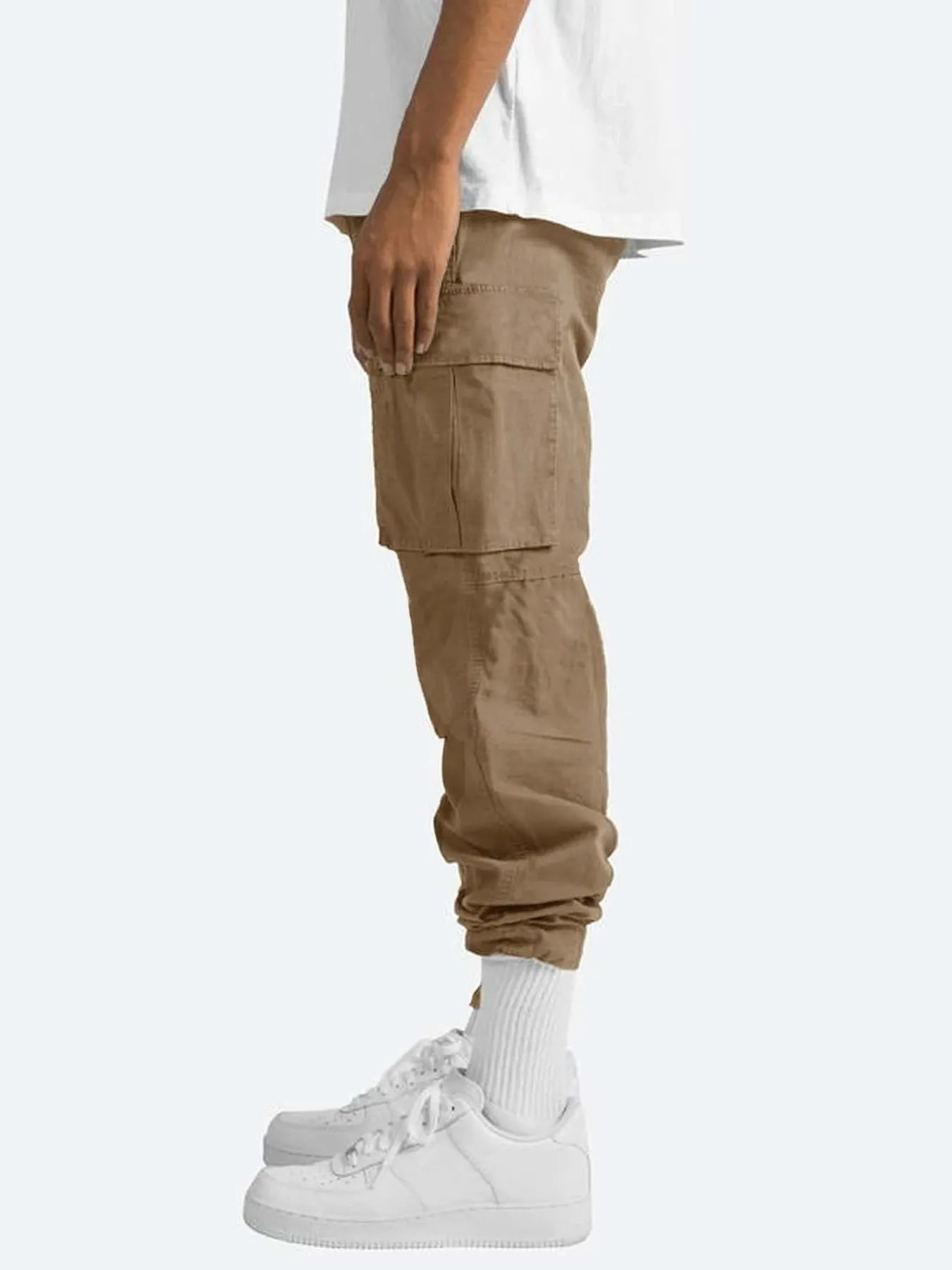 Men's khaki cargo pants with side cargo pocket and drawstring cuffed ankle hem.