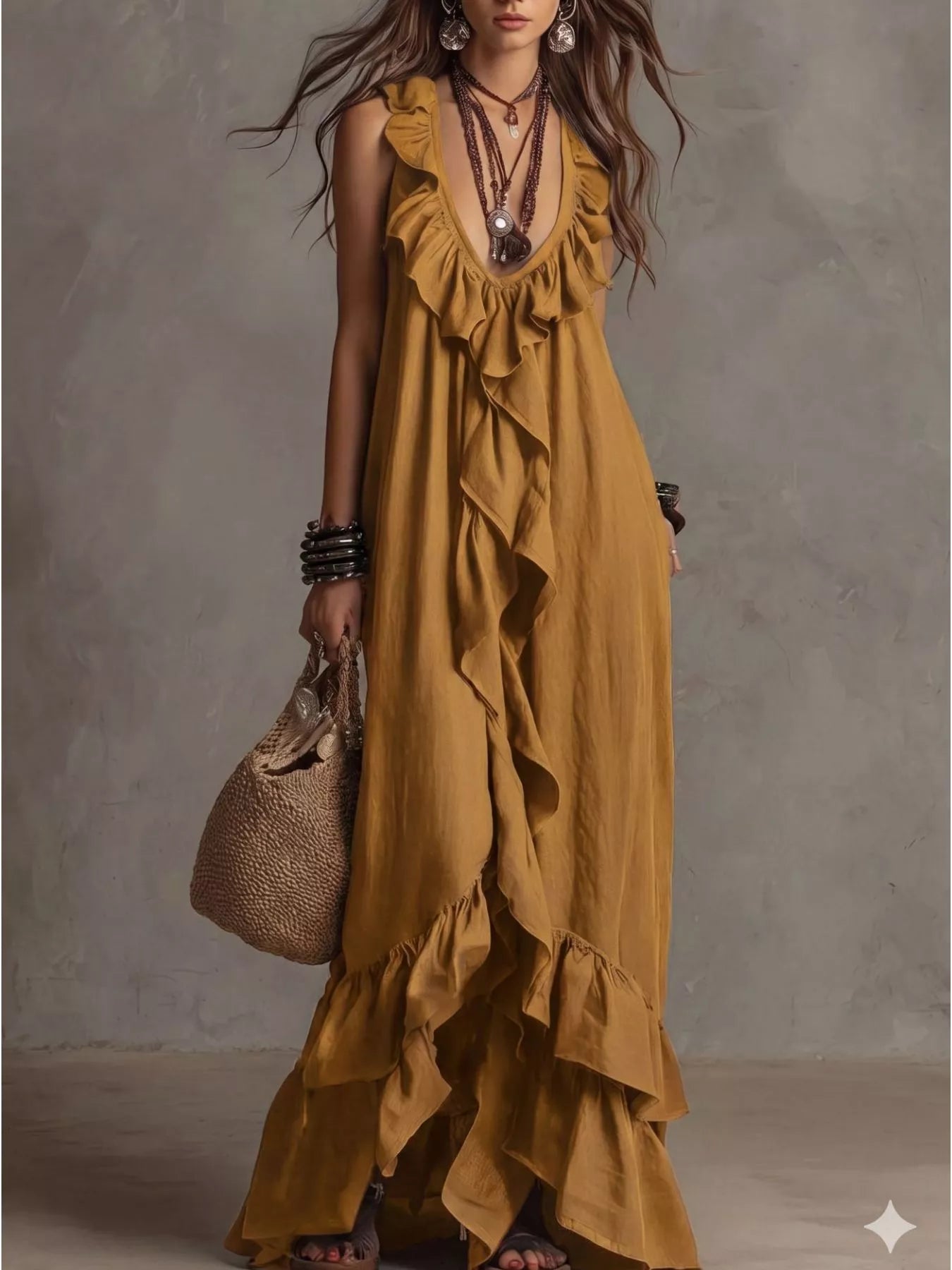 Mustard yellow sleeveless maxi dress with layered ruffle front and tiered skirt