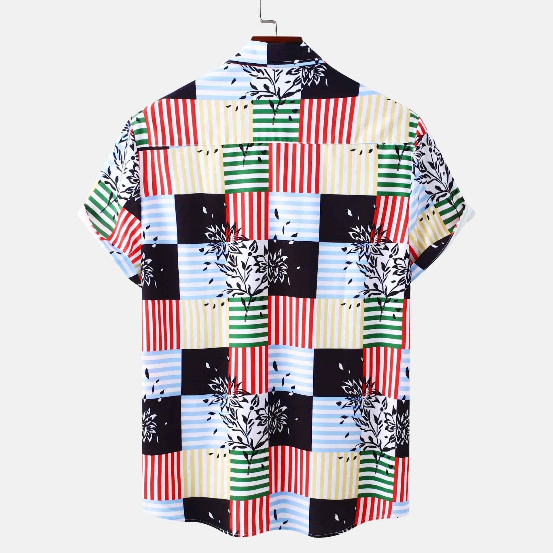 Men's plus size color-block striped button-up shirt, back view with multicolor patchwork