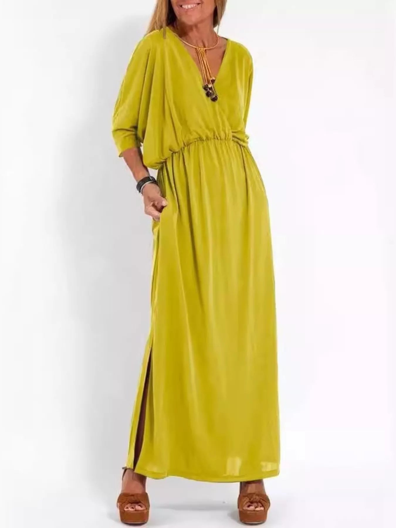 Yellow V-neck batwing sleeve maxi dress with side slit and gathered waist