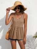 Khaki sleeveless tank with scoop neck, decorative button front, gathered peplum hem