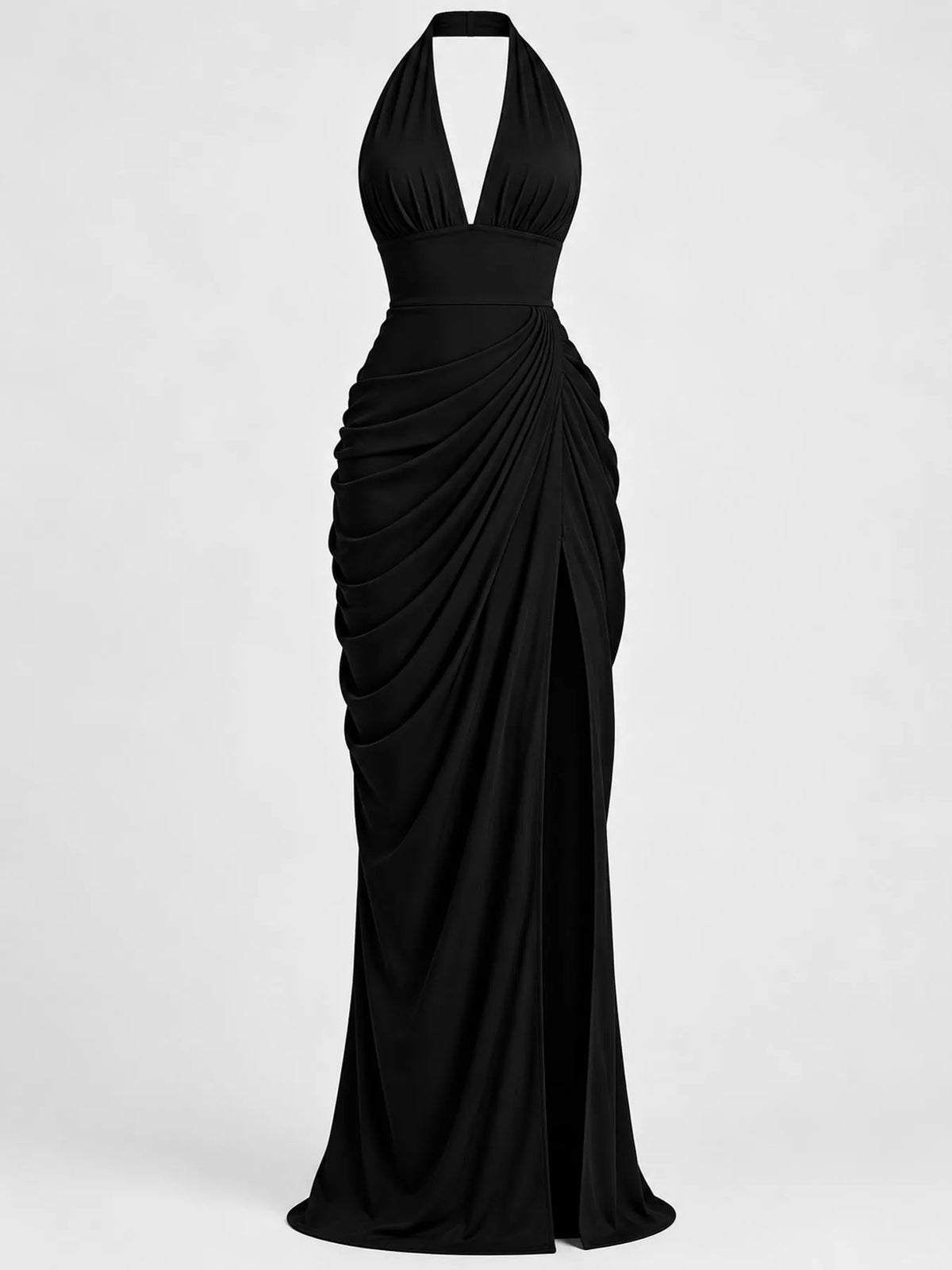 Black halter neck ruched maxi dress with halter tie straps and high slit