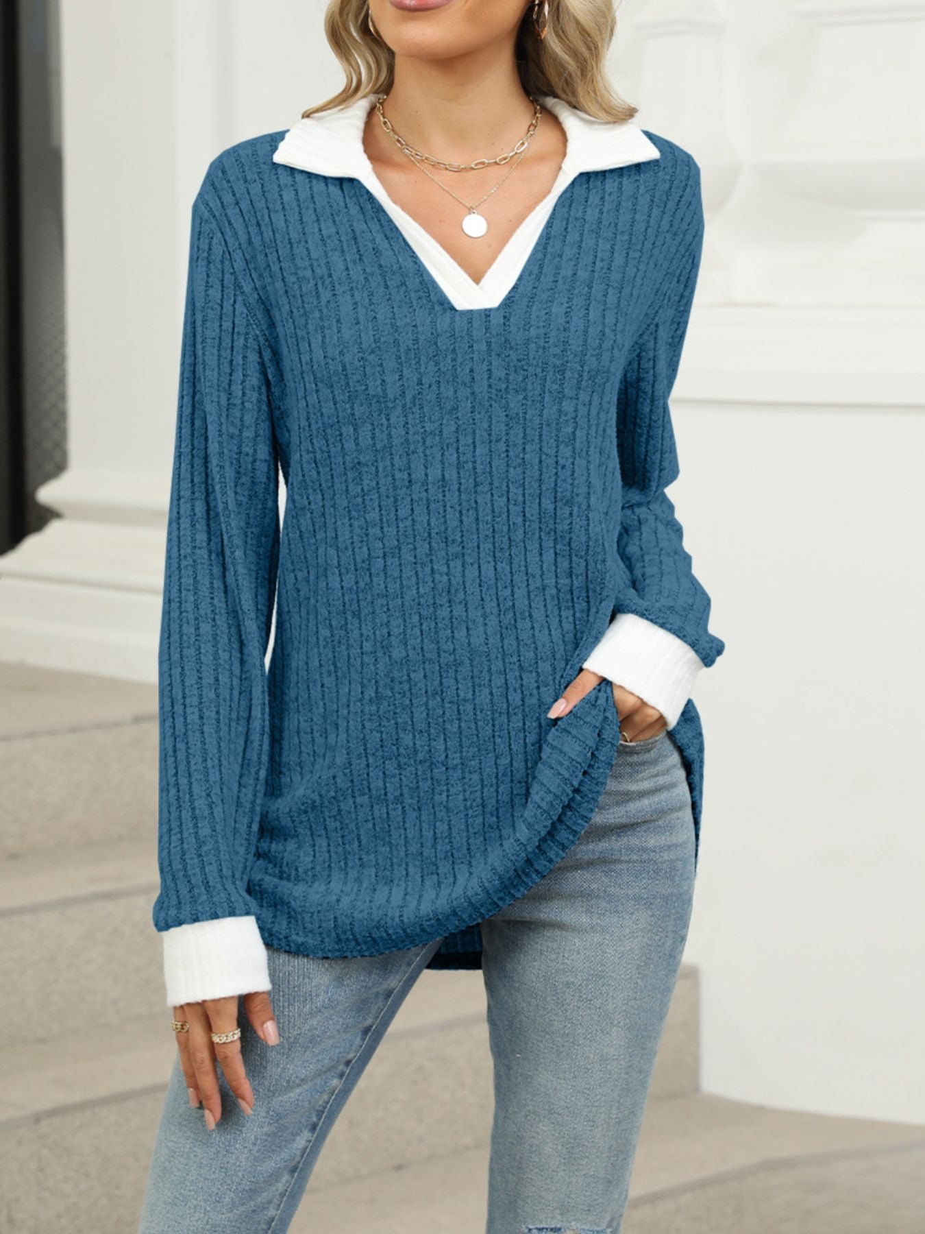 Cedar & Moore Ribbed knit long sleeve blue T-shirt with white collar and cuffs.