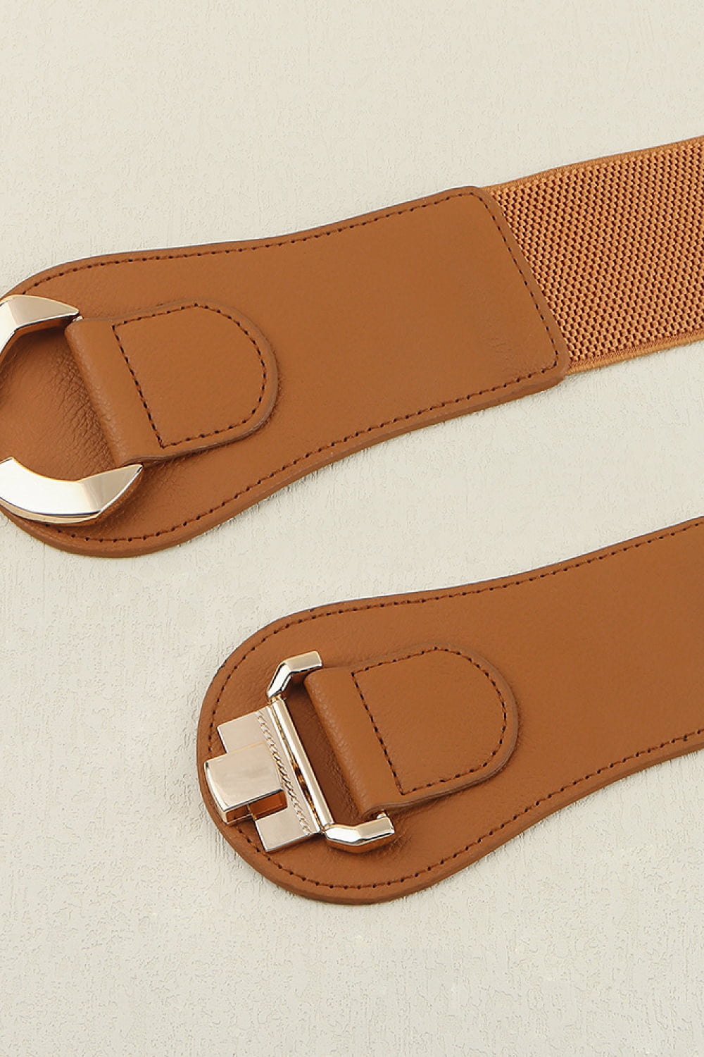 Caramel elastic belt with square alloy buckle and stitched leather keeper
