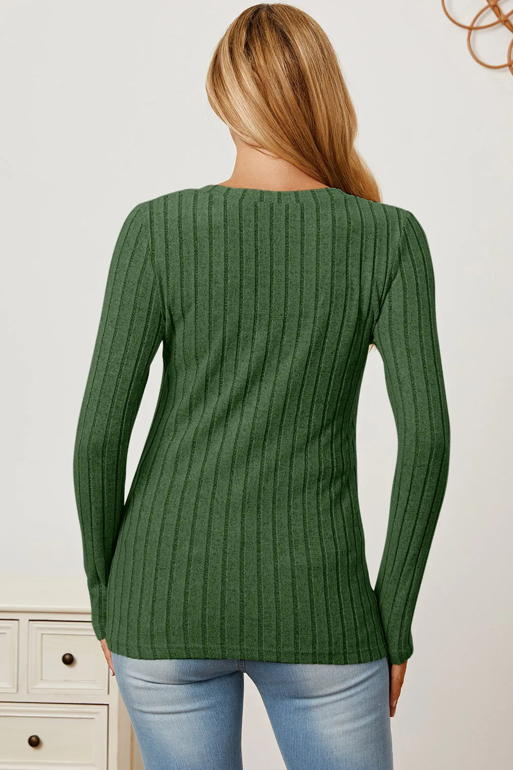 Cedar & Moore Basic Bae ribbed green long sleeve knit top back view