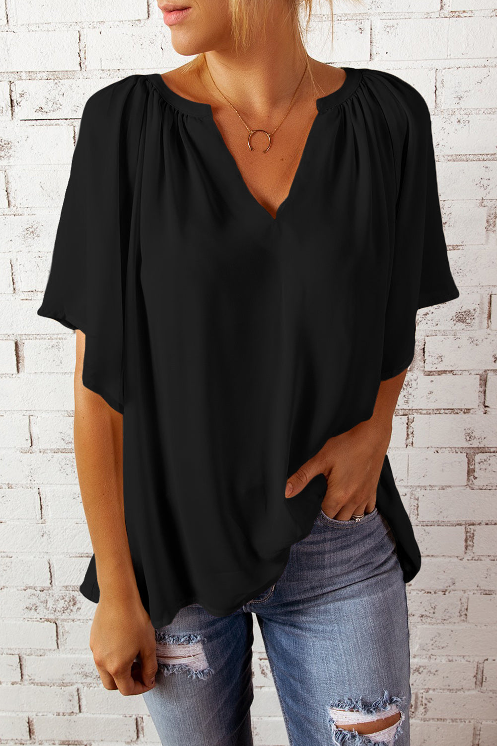 Black gathered-detail notched neck flutter sleeve top with loose drape