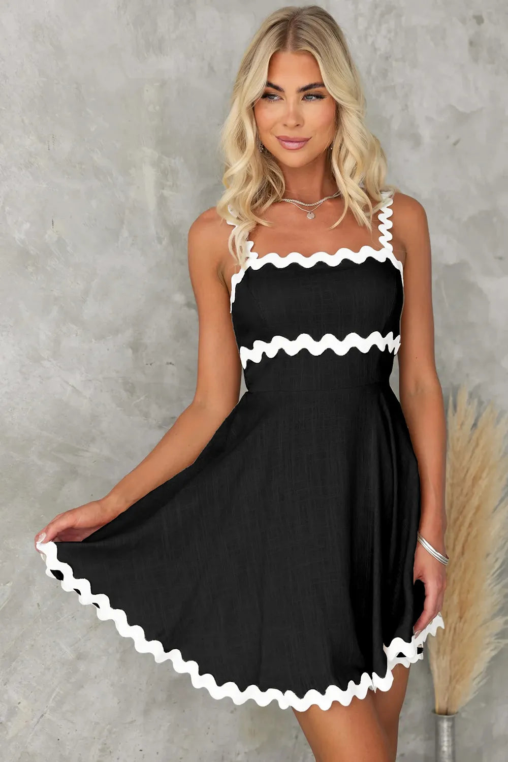 Contrast Trim Square Neck Mini Dress, black with white scalloped trim along neckline and hem