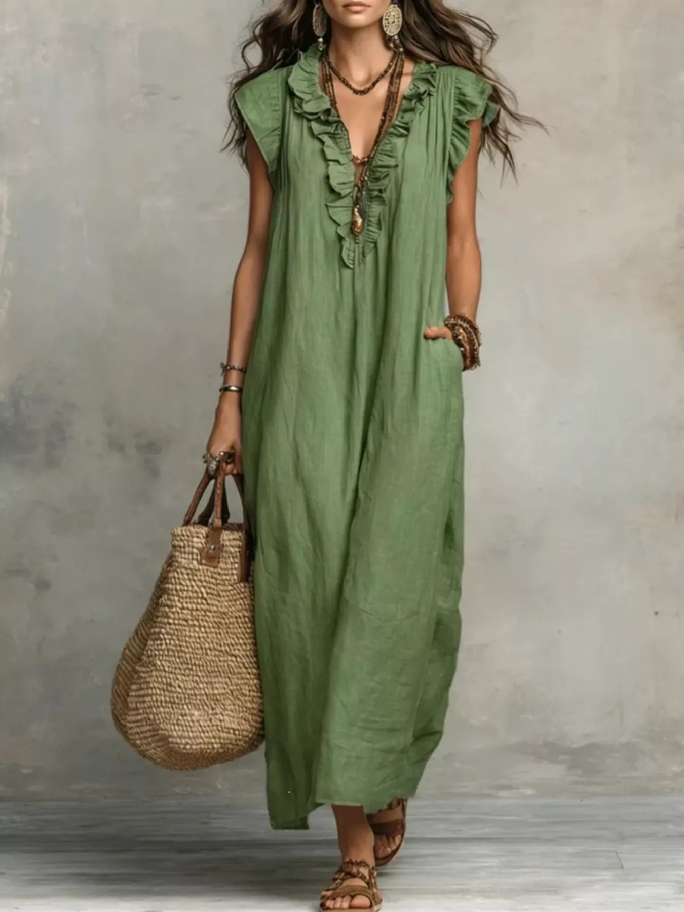 Green ruffled V-neck maxi dress with short flutter sleeves and embroidered front