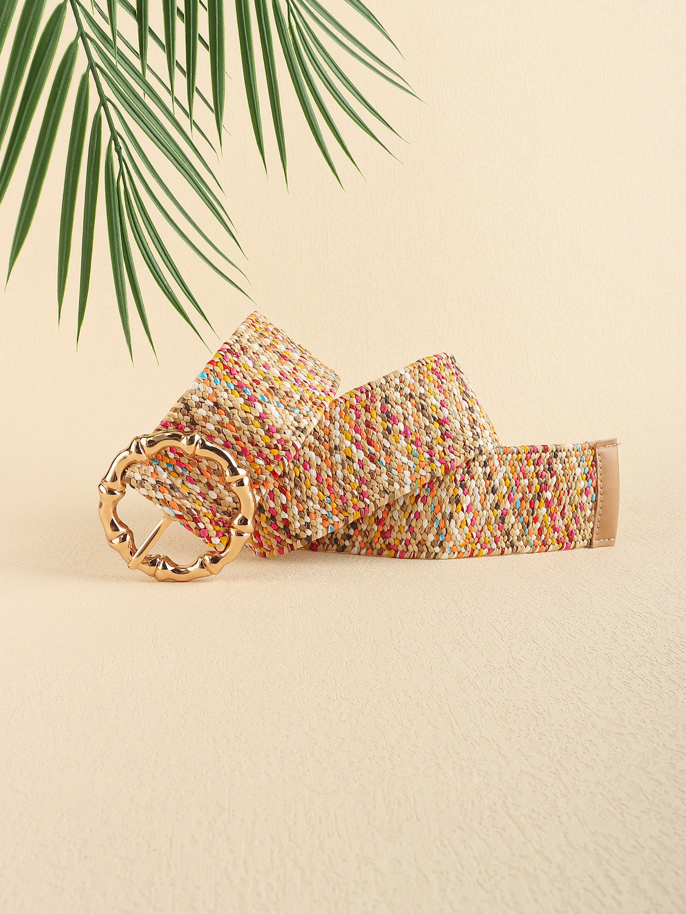 Multicolored wide belt, side profile with gold buckle and woven multicolor texture