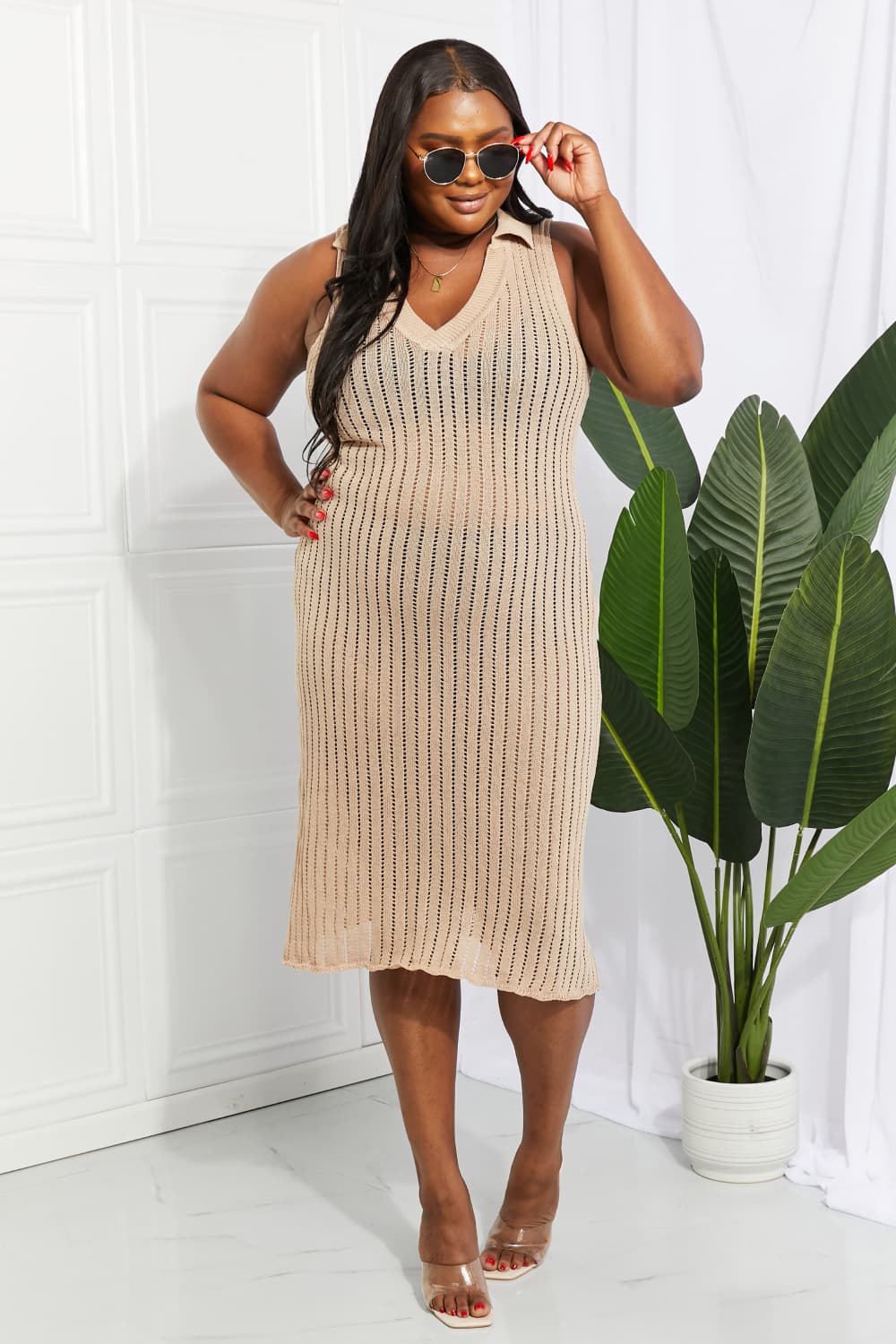 Tan sleeveless knit V-neck cover-up dress with vertical openwork and straight hem