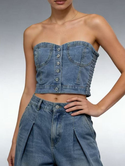 Light blue denim tube top with button front and curved chest yokes
