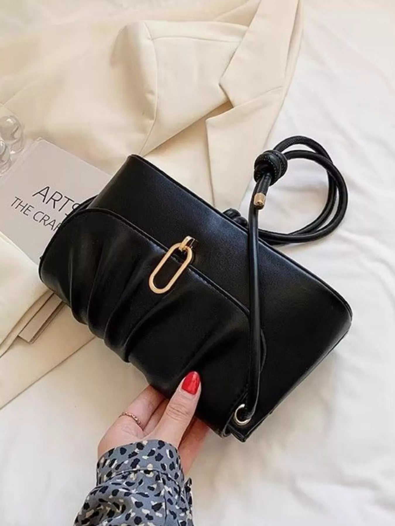 Ruched detail shoulder bag, black PU with gold-tone hardware, small crossbody style