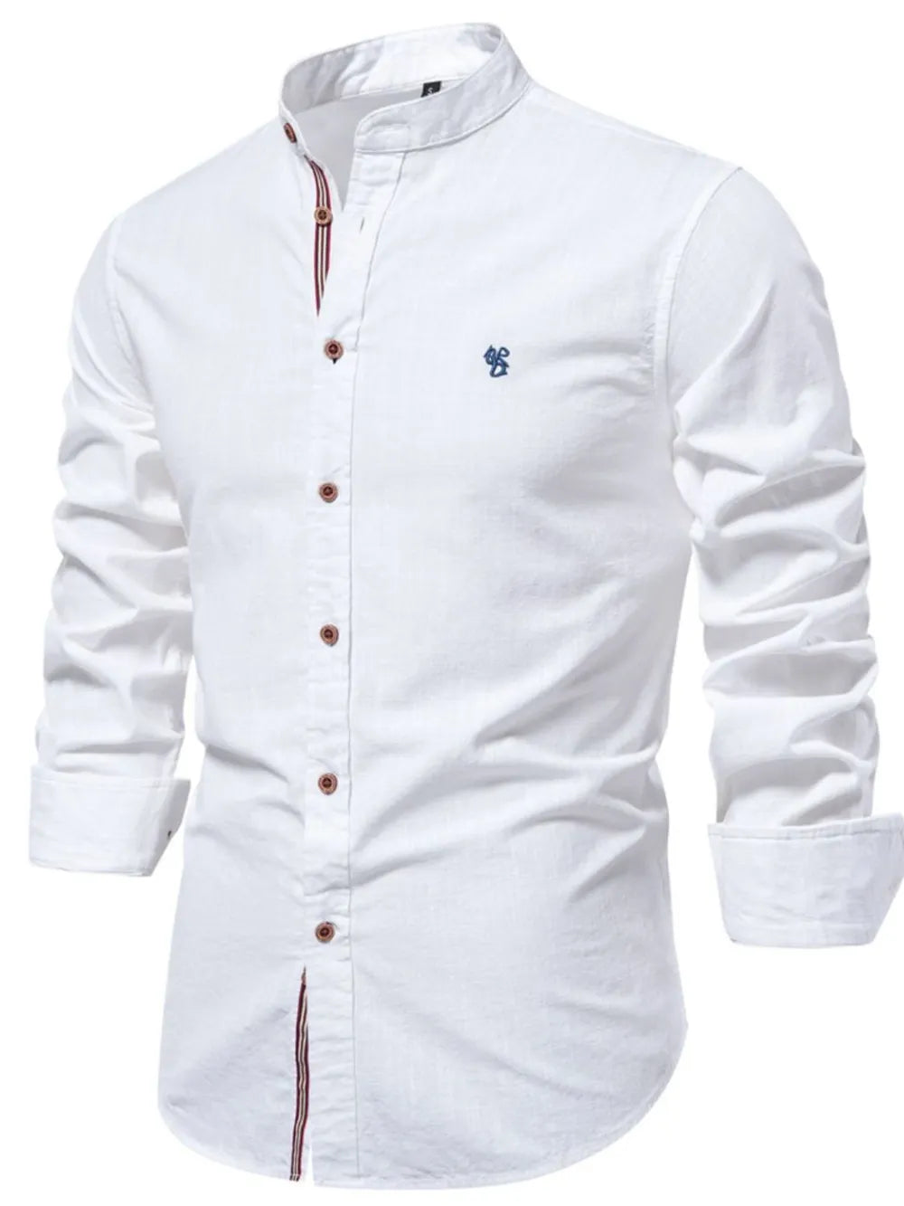 Men's white button-down shirt with embroidered chest logo and button placket