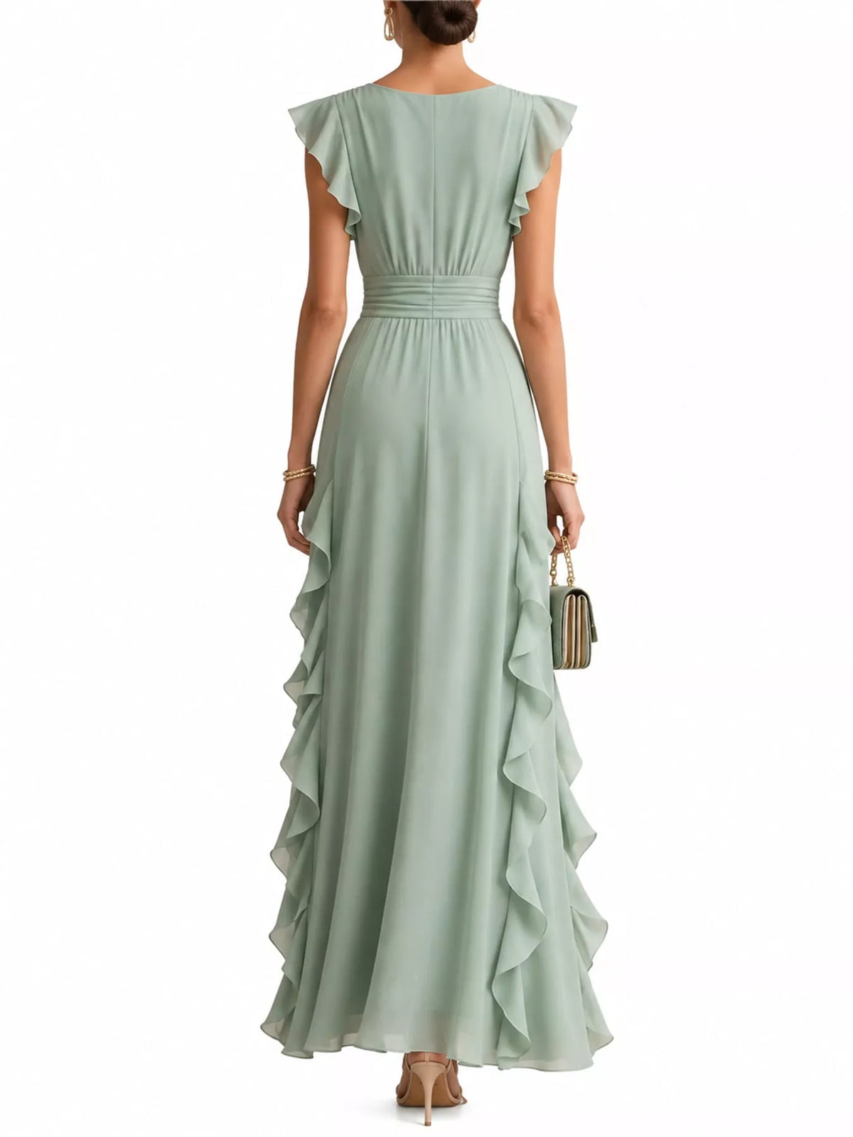 Sleeveless ruffled high-waist maxi dress in sage green with back view and tiered ruffle hem
