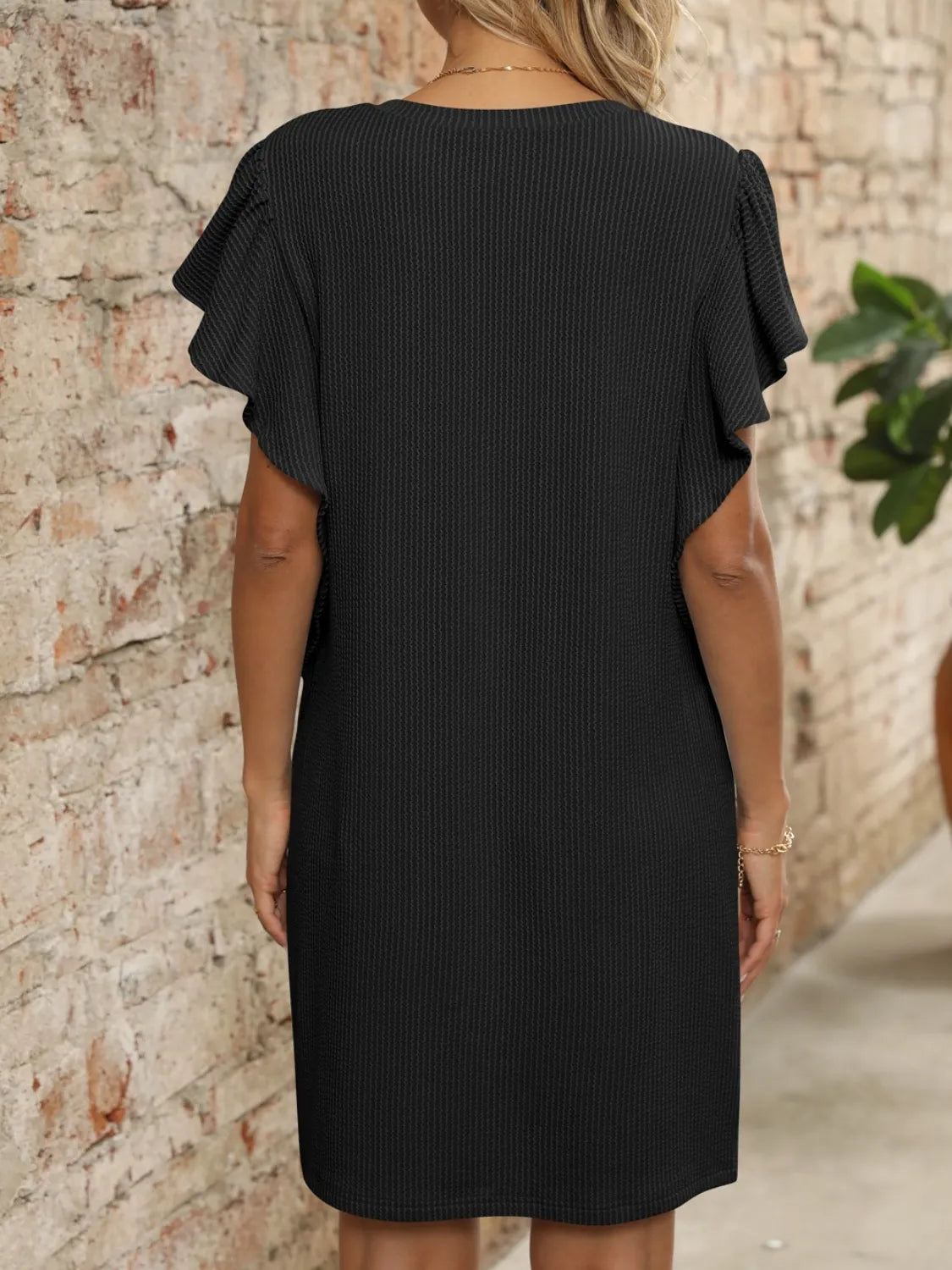 Ruffled V-Neck Cap Sleeve Mini Dress, black textured fabric, back view