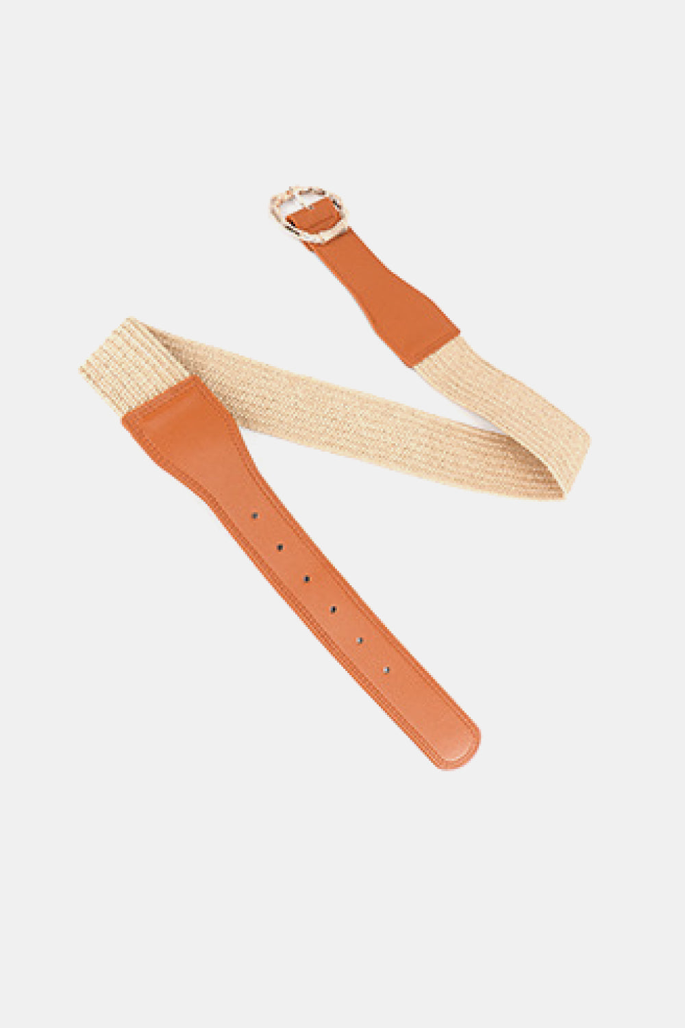 Caramel braided belt with round alloy buckle, showing both strap ends