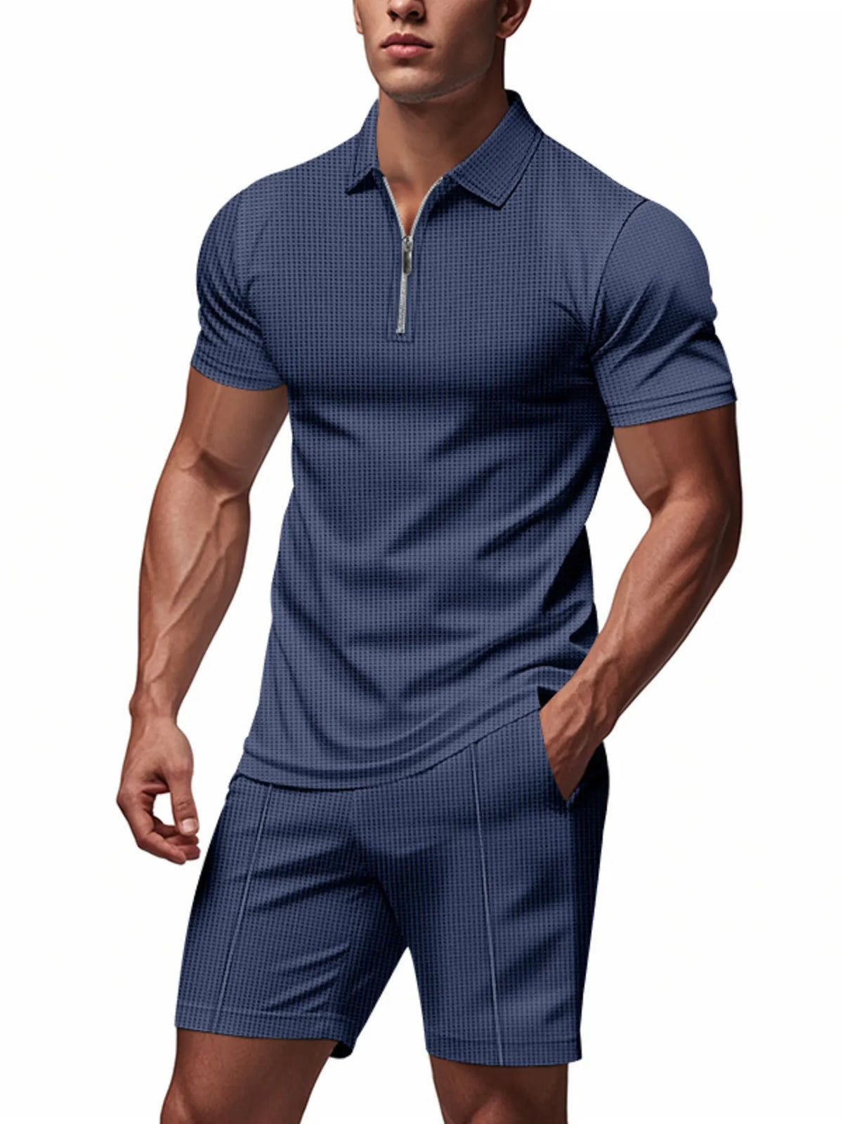 Quarter-zip short-sleeve top and shorts set in dark blue