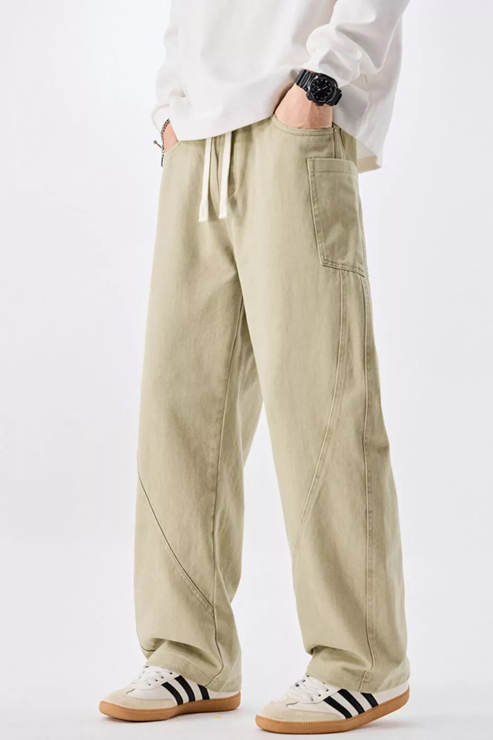 Men's cotton drawstring waist jeans in sage, relaxed straight-leg fit