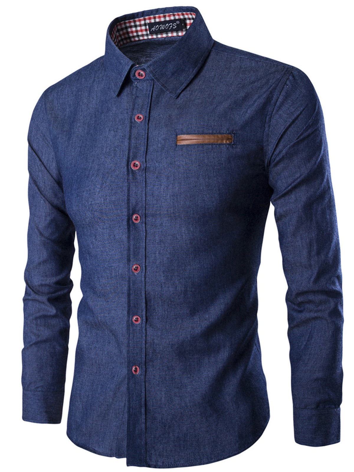 Dark blue denim button-front long-sleeve shirt with chest pocket and plaid collar