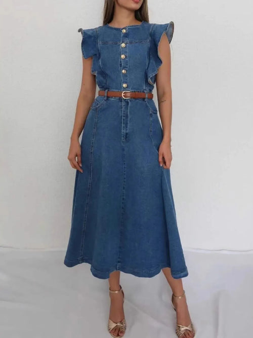 Denim midi dress with button front, ruffle sleeves, and blue waist belt