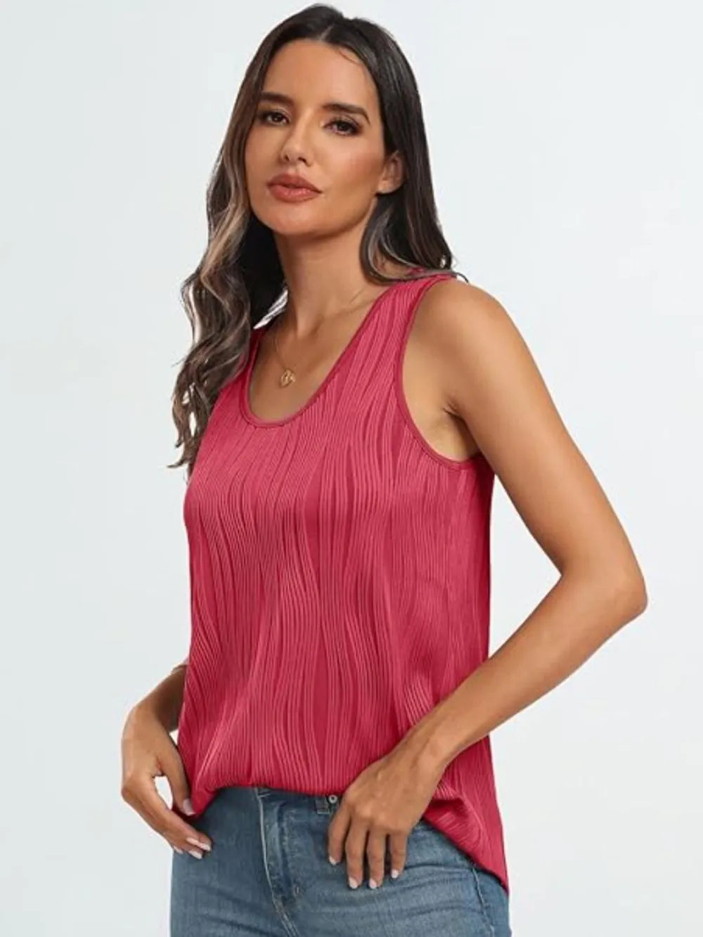 Strawberry pink round-neck wide strap tank with vertical textured stripe detail