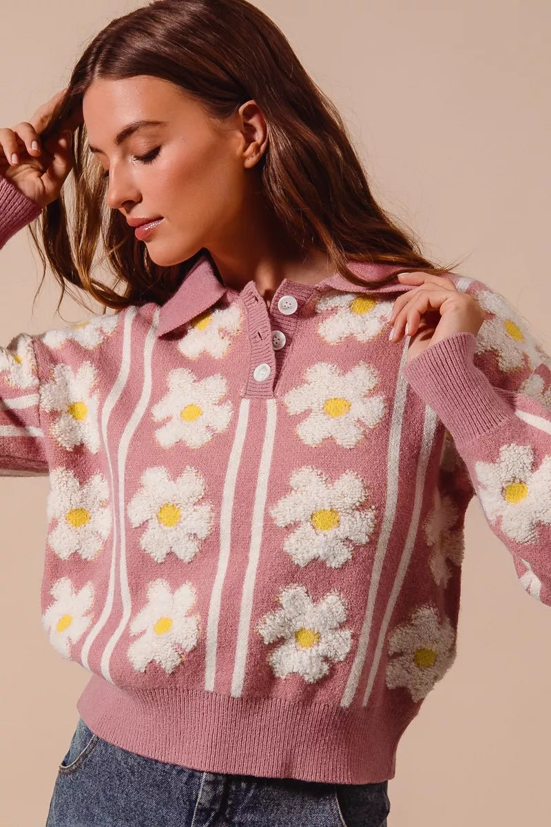 Mauve floral stripe polo-collar sweater close-up with button placket and knit texture