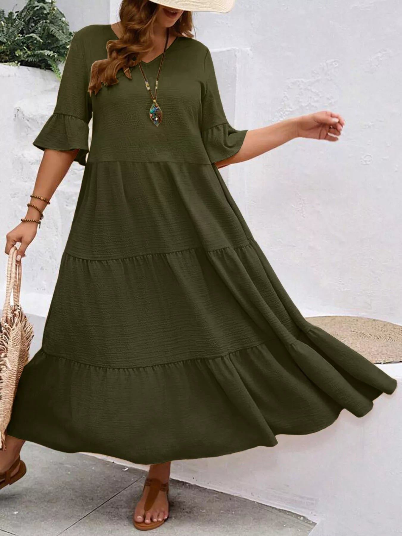 Army green tiered midi dress with ruffle sleeves and flowing tiered skirt, V-neck