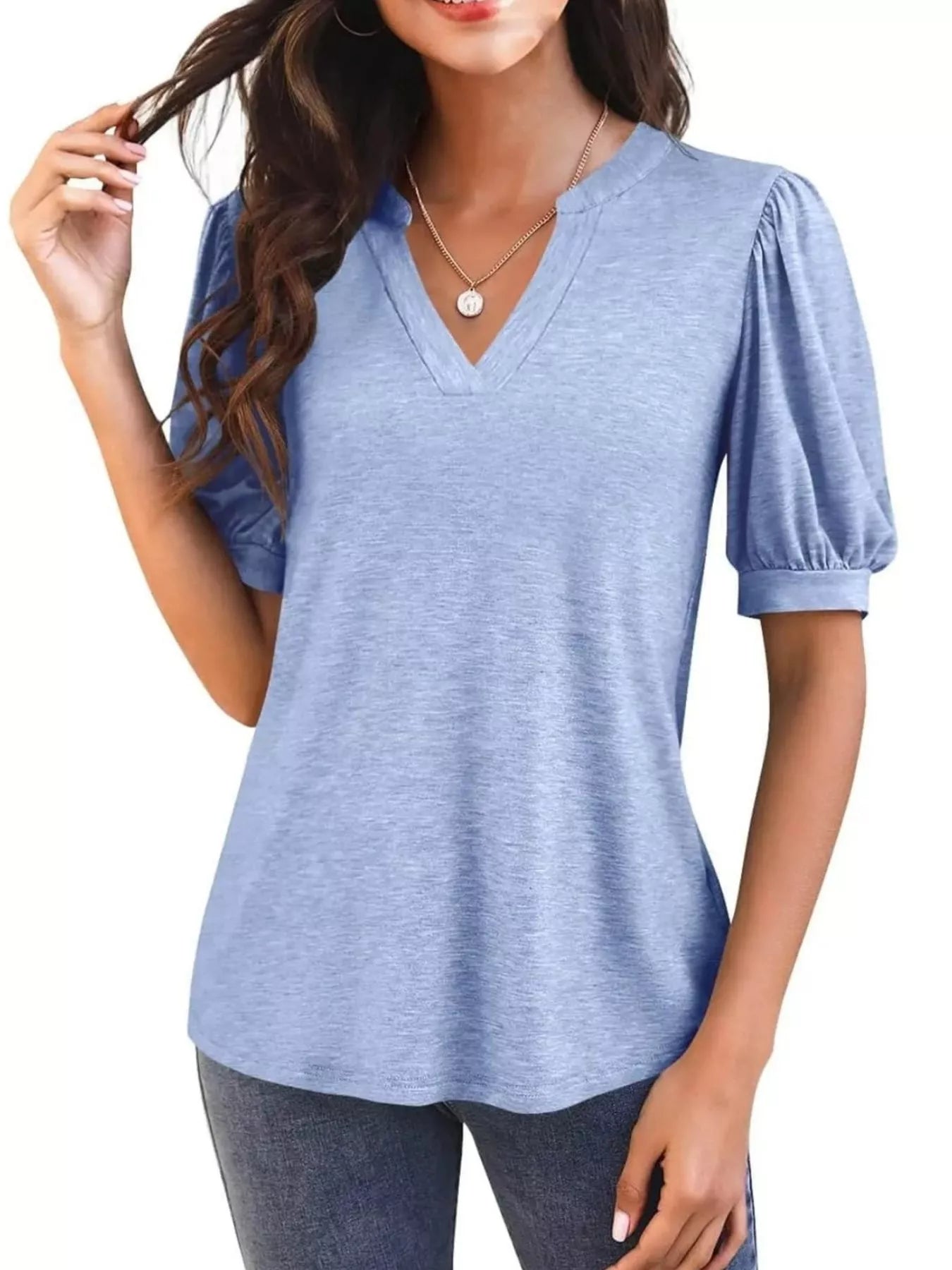 Cedar & Moore Puff Sleeve Notched Casual T-Shirt in blue heather by Trendsi