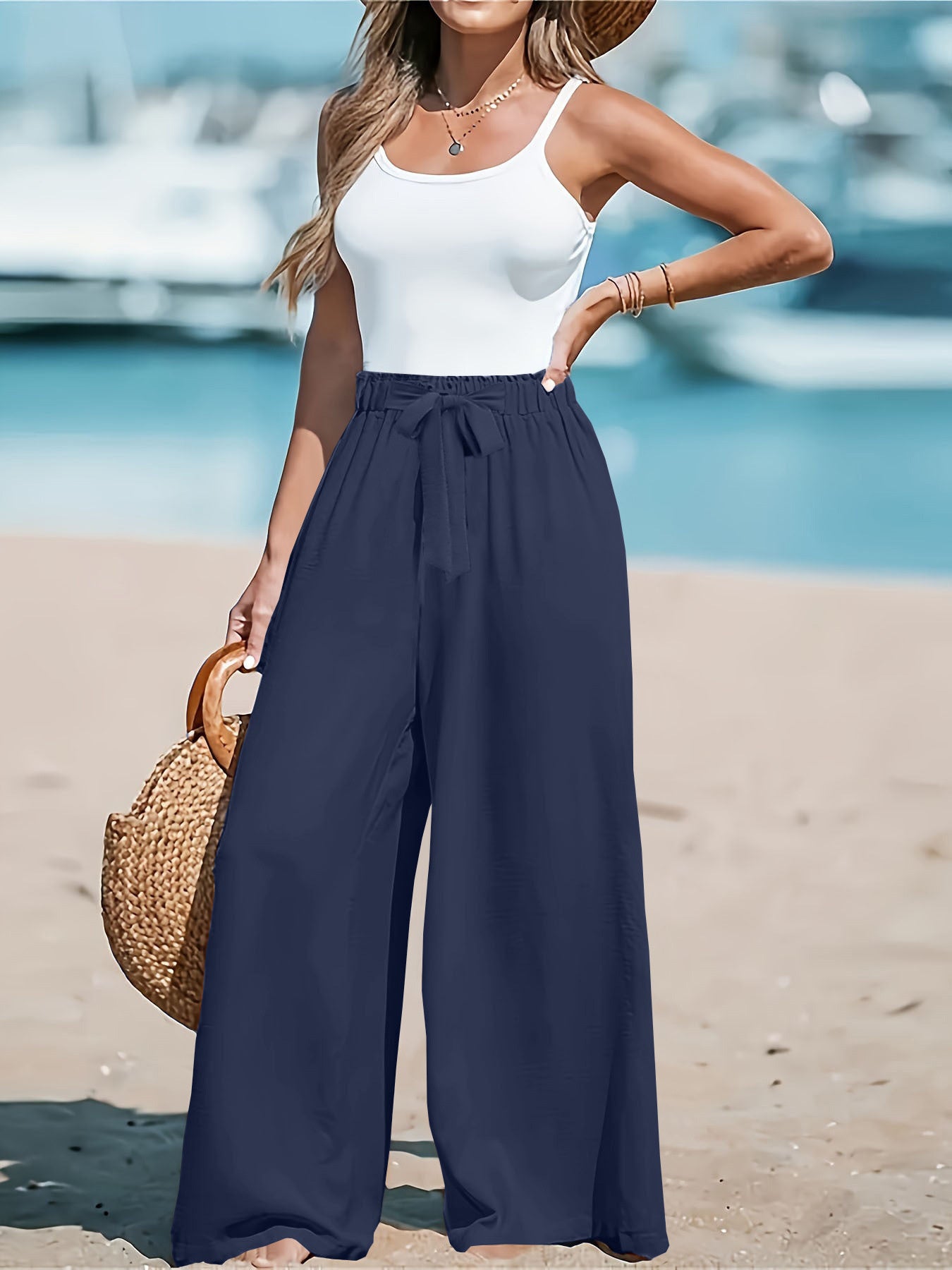 Wide-leg drawstring waist pants, navy blue