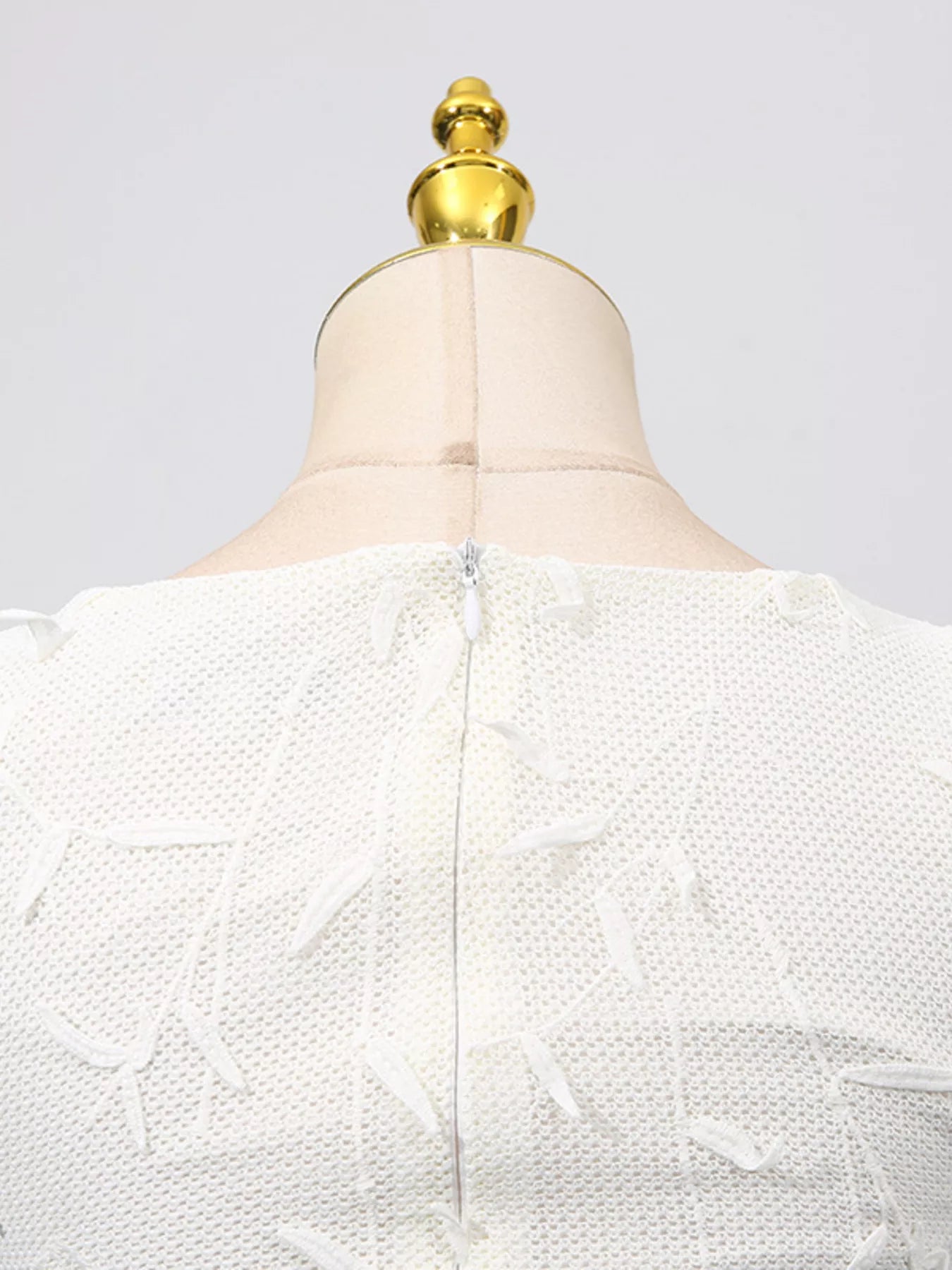 Cedar & Moore Sleeveless Floral Applique Midi Dress in ivory mesh with floral appliques, back zipper