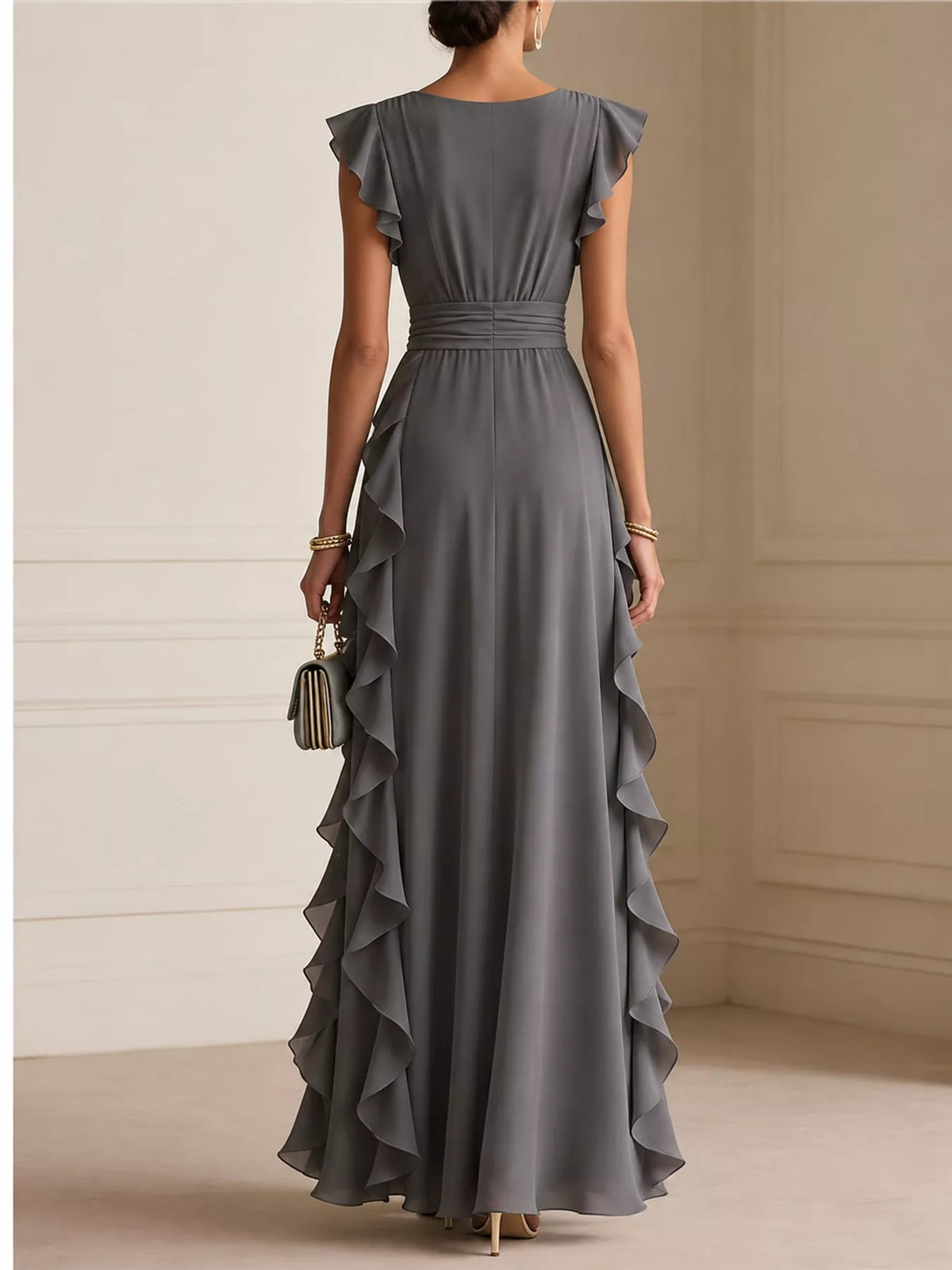 Back view of graphite gray sleeveless maxi dress with ruffled layered skirt