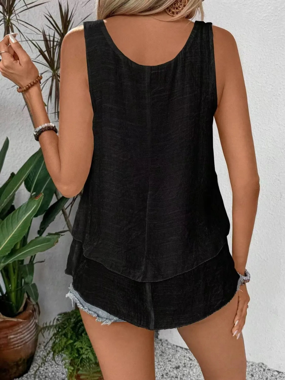 Black wide-strap layered tank with scoop back and tiered ruffle hem