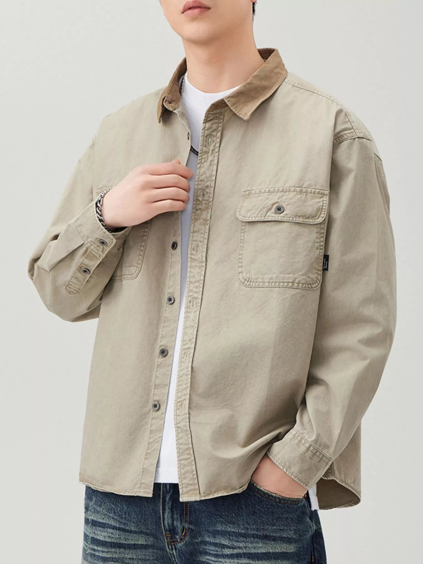 Khaki men’s plus size button-up long sleeve shirt with chest pocket and collar